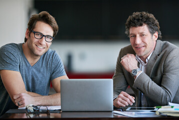 Poster - Portrait, collaboration and men with laptop, creative and startup of agency, employees and designer. Technology, partnership and male people, online and career in company and working on project