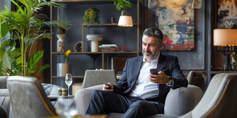 senior professional posing with phone, affluent businessman in lavish hotel lobby