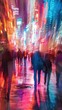 dynamic, colorful cityscape with blurred pedestrian movement at night