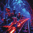 A roller coaster with cars shaped like skeletal hands, gripping riders as they plunge into tunnels filled with ghostly apparitions