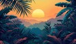 tropical sunset landscape with lush foliage and mountain silhouette