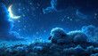 Caricature of a cute sheep sleeping in a field in a blue night