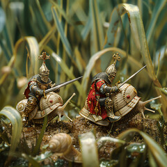 Tiny knights jousting on the back of snails, in a garden arena surrounded by towering blades of grass