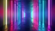 This 3D render shows a geometric abstract background with neon rays and colorful lines, glowing in ultraviolet light to create a multicolor spectrum.