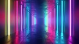 Fototapeta Do przedpokoju - This 3D render shows a geometric abstract background with neon rays and colorful lines, glowing in ultraviolet light to create a multicolor spectrum.