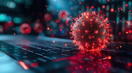 Poster - A red ball with a virus on it is on a keyboard