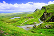 View over the green mountain highland landscape of the Quiraing, Isle of Skye, Scotland