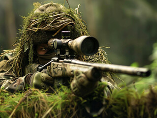 Wall Mural - A sniper with a rifle is preparing to aim at the target.