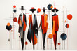 A cubist-inspired fashion illustration featuring models in avant-garde clothing, with patterns and textures arranged in geometric forms reminiscent of Cubist artworks
