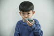   Little asian boy kissing baby parrot isolated