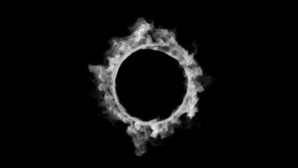 Poster - Smoke circle isolated black background. Realistic 3d render simulation. Power steam ring footage. Magic energy animation texture for compositing.