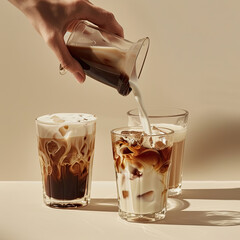 Wall Mural - A hand pours milk from one glass to another, creating an iced coffee