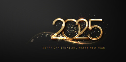Wall Mural - 2025 New Year celebrate banner featuring dazzling and shimmering golden glitter. Christmas Holiday vector illustration