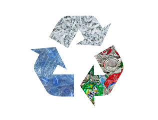 Wall Mural - Symbol of waste recycling with Shredded white paper, used plastic bottles and compressed aluminium cans briquettes isolated on white background with clipping path.