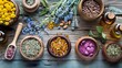 Assorted herbs and natural supplements in terracotta bowls on a rustic wooden background