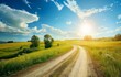 A country road with sunlit fields and blue skies, capturing the expansive and sunny essence of rural summer landscapes