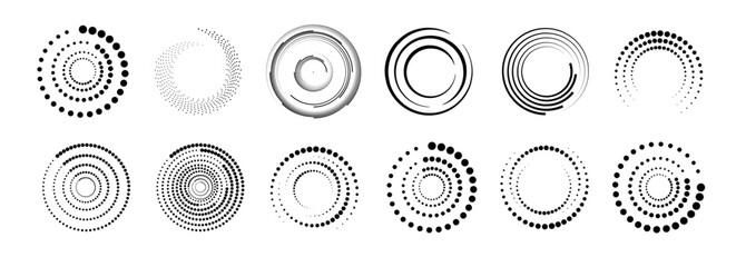 Wall Mural - Halftone circular dotted frames set. Set of black thick halftone dotted speed lines. Speed lines in circle form. Geometric art. Vector