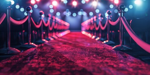 A film premiere red carpet with velvet ropes and flashing camera lights, setting the stage for a glamorous entertainment industry banner