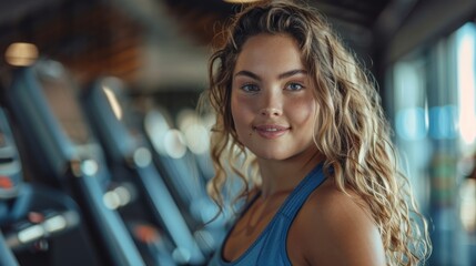 Beautiful Happy confident overweight woman in fitness clothes on trainer treadmill in gym, concept of healthy lifestyle.