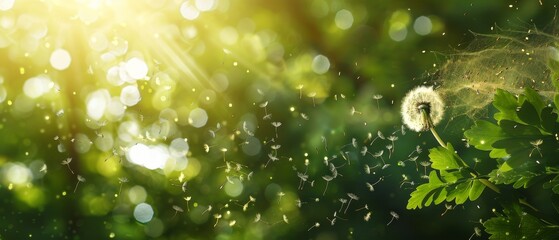 A fresh green morning background with dandelion seeds blowing away in the sunlight.