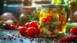Preserved vegetables in glass jars with oil and herbs. Gourmet and preservation concept