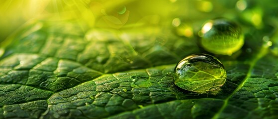 Poster - Beautiful transparent rain drops on a green leaf macro in the morning light. Beautiful leaf texture in nature. Natural background.