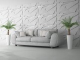 Fototapeta  - Nowoczesne jasne wnętrze salonu z wygodną  nowoczesną sofą domowymi palmami i panelami ściennymi