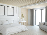 Fototapeta  - Jasna przestronna sypialnia w stylu skandynawskim z łożkiem, lamelami i dużym oknem z zasłonami
