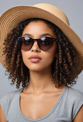 Wall Mural - portrait of black American biracial girl with curly hair wearing a summer sun hat wearing stylish sun glasses posing on a perspective angle on a grey background