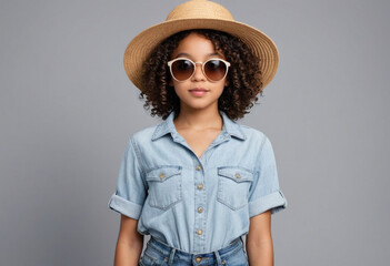 Wall Mural - portrait of black American biracial girl with curly hair wearing a summer sun hat wearing stylish sun glasses posing on a perspective angle on a grey background