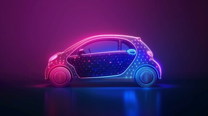 Fototapete - A concept car silhouette that depicts a smart or intelligent car. The car is designed in a low poly style. A futuristic neon concept car silhouette.