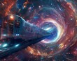 An interstellar train traveling through a wormhole, connecting distant galaxies with vibrant, cosmic landscapes visible from its windows