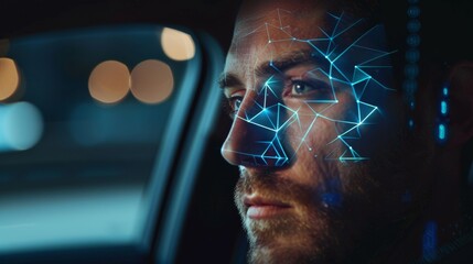 Fototapete - Biometric Facial Recognition. Face Identification. Technological 3D Scanning of Handsome Caucasian Man In The Car for Facial Recognition. Face Detection.