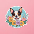 Dog Portrait Sticker With Flowers, Isolated On Pink Background, Ai Illustration