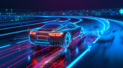 Aufkleber - Future technology in safe car movement, driving without a driver, and artificial intelligence recognition of artificial obstacles on the road