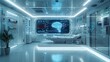 A conceptual design of a futuristic medical examination room, where doctors interact with a holographic UI displaying patient data, diagnostic images, and interactive 3D models of human anatomy.