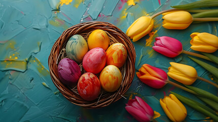 Easter background, Easter basket with colorful easter eggs and tulips, high resolution graphic source, 16:9, 1920*1080