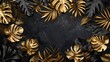An opulent top view perspective of a black marble table with golden vine motifs, accompanied by scattered rose petals and negative space for your text. Glamor wedding card, celebration. Generative AI.