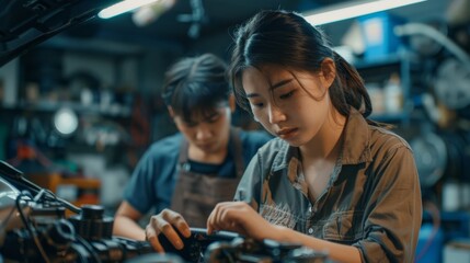 Wall Mural - After fixing the car engine problem, Asian women get the contact information of Asian male auto mechanics and use QR codes to pay for vehicle repair. Car repair service concept.