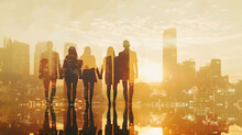Teamwork, Double Exposure Silhouette Team Task Force Walking Business People Men Women Hands Together And Modern City Background, Unity, Diversity