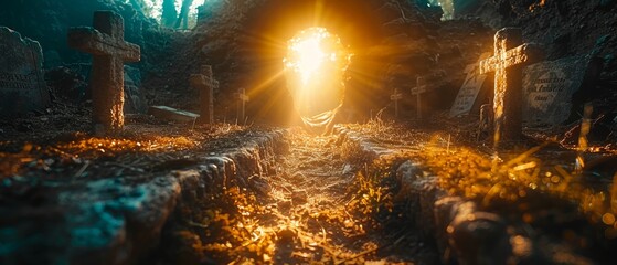 Wall Mural - A focus on the shroud of Christ with defocused crosses on the background - flare effects and bokeh lights from the cross of Jesus Christ