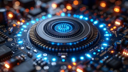 Aufkleber - Crystal semiconductor chip manufacturing technology. Robotic arm production of silicon processors on crystal semiconductors. Electronics industry equipment. Nanotechnology CPU factory.