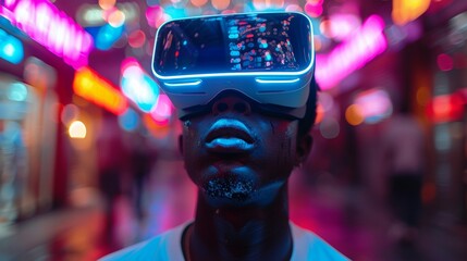 Aufkleber - A futuristic concept for VR and AR technology. A man wearing 3D virtual reality headset glasses looks up into cyberspace. Simulation of the physical and virtual worlds. Digital entertainment for