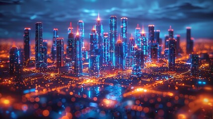 Fototapete - Network of computers. Skyscrapers on screen laptop, tablet, mobile phone. Smart city. Cloud computing technology concept. IoT digital 5G internet communication in smart city. 3D rendering.