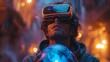 Virtual reality digital technology concept. Man wearing 3D VR headset glasses looks up at digital world globe. Augmented reality, virtual reality or virtual reality in metaverse simulation.