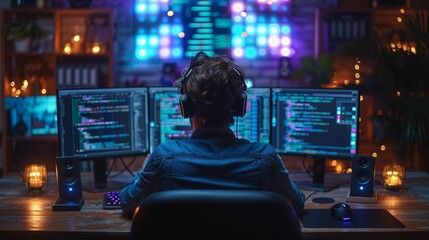 Aufkleber - Code of program on desktop PC computer of programmer sitting on desk. Abstract icons, diagrams, graphs on programming interface of software development environment. Concept of software technology.
