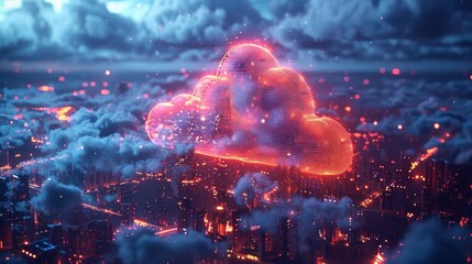 Fototapete - Concept of cloud computing for smart cities. Smart cities wireless internet communication with cloud storage. Download and upload data on a server. Virtual smart city over IoT cloud.