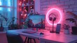 In this room of white colors, you can see a desk with a laptop, microphone, phone, an led ring lamp on a tripod, neon lights, and a streamer table with a laptop, a microphone, and a phone. This room