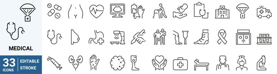 Wall Mural - Healthcare and medicine line web icons. Hospital services. Dermatology, gynecology, oncology, dentistry. Collection of Outline Icons. Vector illustration.