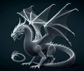 3D wireframe model of a dragon with dragon ring, majestic and powerful, intricate lines and geometric shape